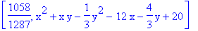 [1058/1287, x^2+x*y-1/3*y^2-12*x-4/3*y+20]